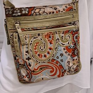 Alba Cotton Multicolor Floral Paisley Crossbody Bag in Olive Faux Leather Trim